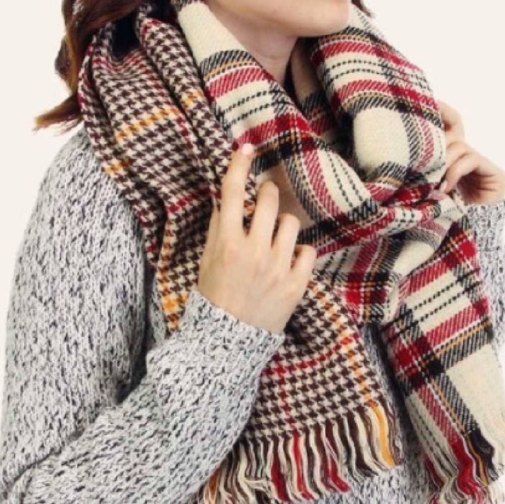 Plaid & Houndstooth Reversible Red Brown Tan Scarf